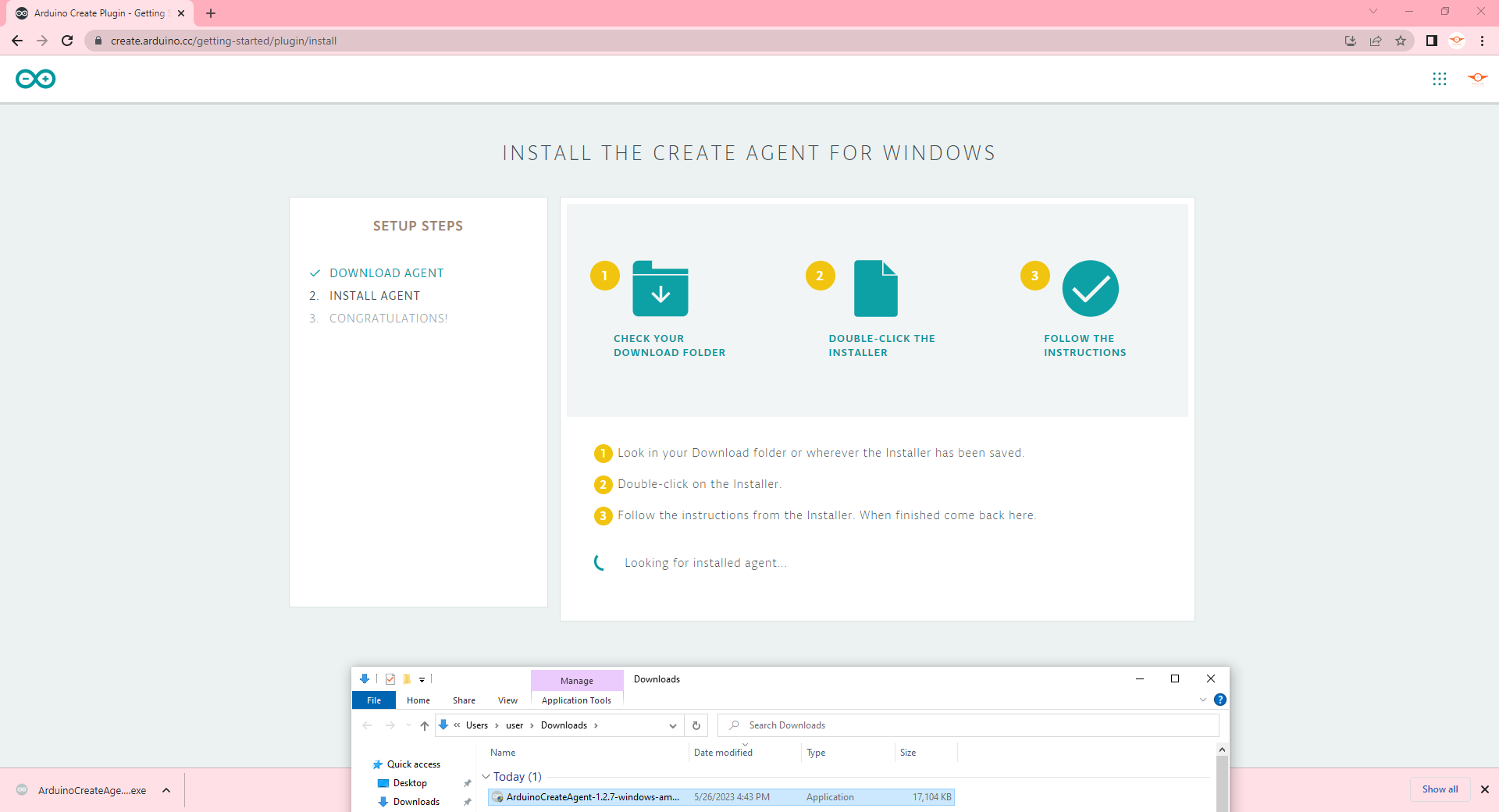 Arduino Create Agent - waiting for the installation